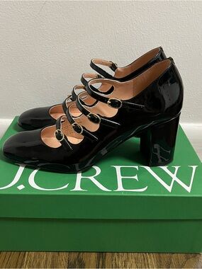 J. Crew Black Patent Mary Jane Block Heels with multi strap